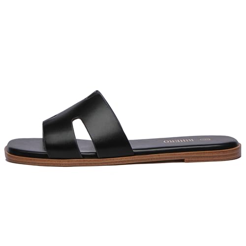 Rihero Black Flat Sandals for Women Dressy Summer Slip On Peep Toe Slide Black Sandals Size 7.5 - Image 2