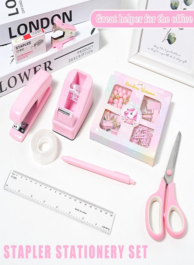 COMFYROOM Desk Accessories with Pen Holder, Office Supplies Desk Organizers and Accessories, Tape Dispenser, Stapler, Staple Remover, Staples, Clips Set, Ruler, Scissor, Pen, Tape (Pink) - Image 2