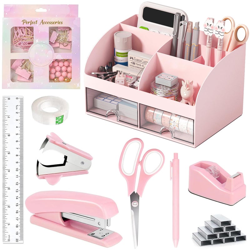 COMFYROOM Desk Accessories with Pen Holder, Office Supplies Desk Organizers and Accessories, Tape Dispenser, Stapler, Staple Remover, Staples, Clips Set, Ruler, Scissor, Pen, Tape (Pink) - Image 1