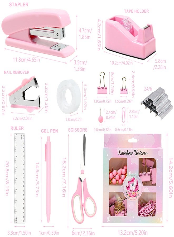COMFYROOM Desk Accessories with Pen Holder, Office Supplies Desk Organizers and Accessories, Tape Dispenser, Stapler, Staple Remover, Staples, Clips Set, Ruler, Scissor, Pen, Tape (Pink) - Image 4