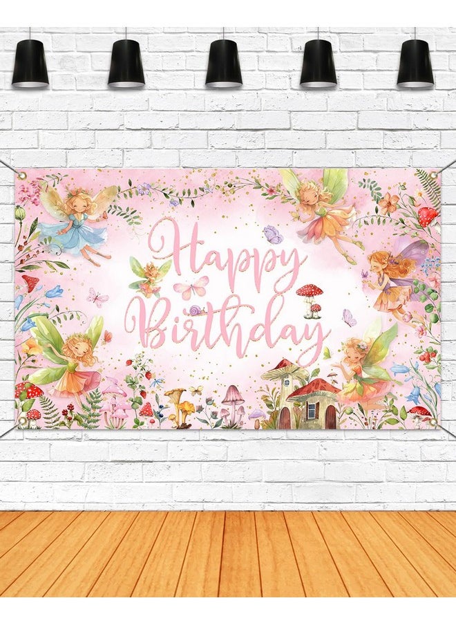 Mocsicka Mocsicka Fairy Birthday Backdrop Banner Pink Little Fairy Happy Birthday Party Decorations Banner for Girls Spring Magic Forest Princess Birthday Photography Backrgound (Pink, 70.8 x 43.3 Inch)  - Image 1