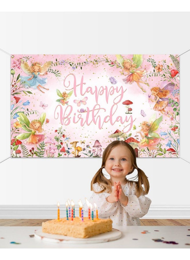 Mocsicka Mocsicka Fairy Birthday Backdrop Banner Pink Little Fairy Happy Birthday Party Decorations Banner for Girls Spring Magic Forest Princess Birthday Photography Backrgound (Pink, 70.8 x 43.3 Inch)  - Image 4