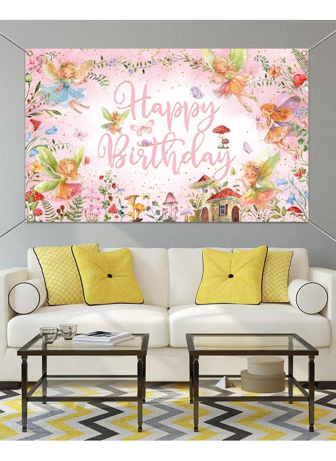 Mocsicka Mocsicka Fairy Birthday Backdrop Banner Pink Little Fairy Happy Birthday Party Decorations Banner for Girls Spring Magic Forest Princess Birthday Photography Backrgound (Pink, 70.8 x 43.3 Inch)  - Image 3