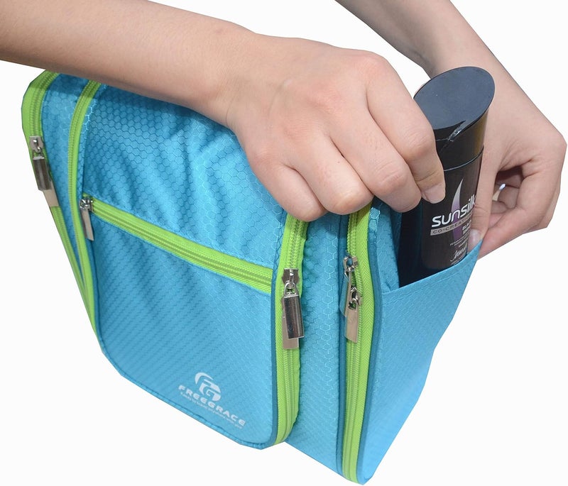 Freegrace Hanging Toiletry Bag Extra Large Capacity | Premium Travel Organizer Bags For Men And Women | Durable Waterproof Nylon Bathroom, Shower, Makeup Bag For Toiletries, Cosmetics, Brushes (Aquamarine) - Image 3