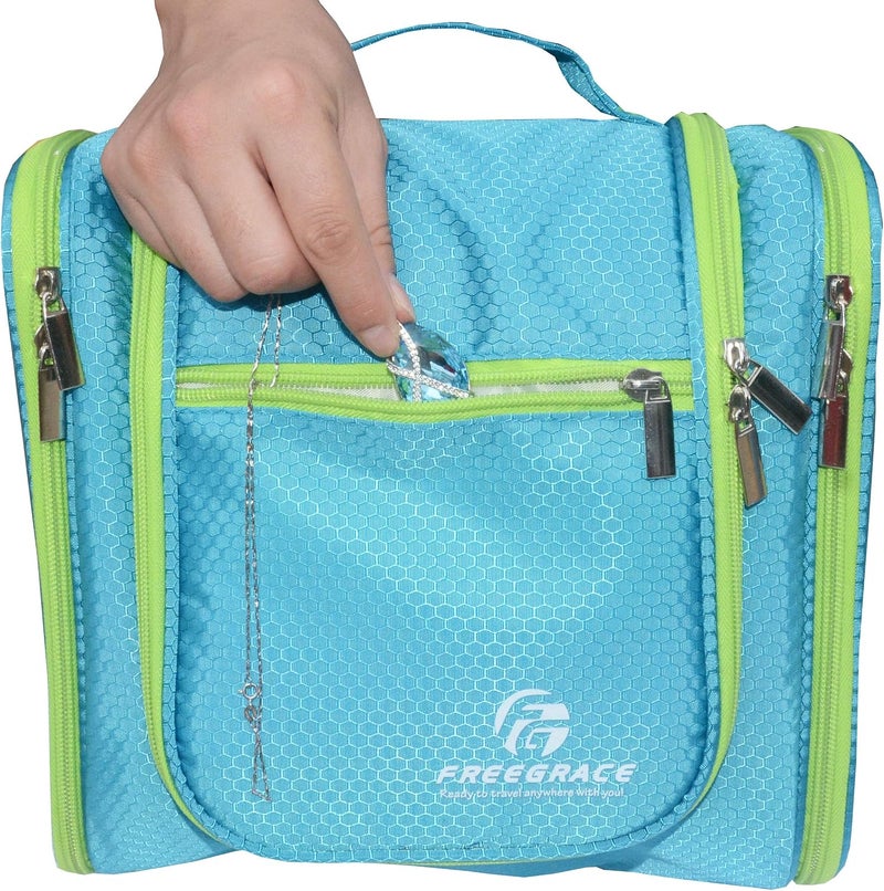 Freegrace Hanging Toiletry Bag Extra Large Capacity | Premium Travel Organizer Bags For Men And Women | Durable Waterproof Nylon Bathroom, Shower, Makeup Bag For Toiletries, Cosmetics, Brushes (Aquamarine) - Image 4