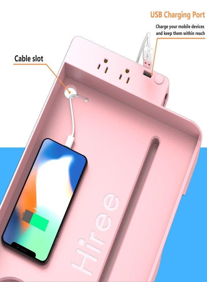Hiree Bedside Shelf for Dorm Bunk Bed with USB Charging Port and 2 AC Outlets, Bed Side Table Tray Organizer, College Dorm Essential Clip On Bedside Tray, Loft Nightstand Decor, Plus Size, Pink - Image 3