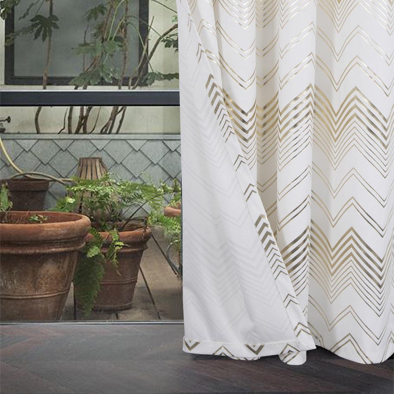always4u Soft Velvet Foil Print Curtains 95 Inches Long White and Gold Chevron Curtains Luxury Window Treatment White 2 Panels 54  95 Inches