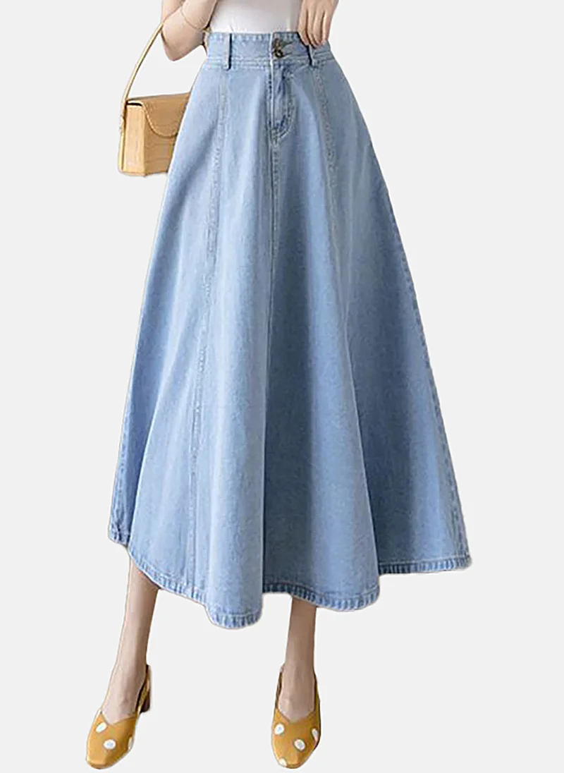 يونيكي Blue A-Line Solid Midi Skirt