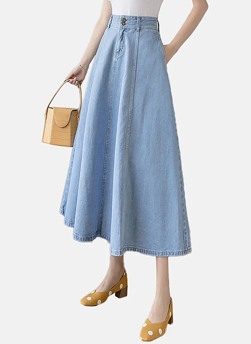 يونيكي Blue A-Line Solid Midi Skirt