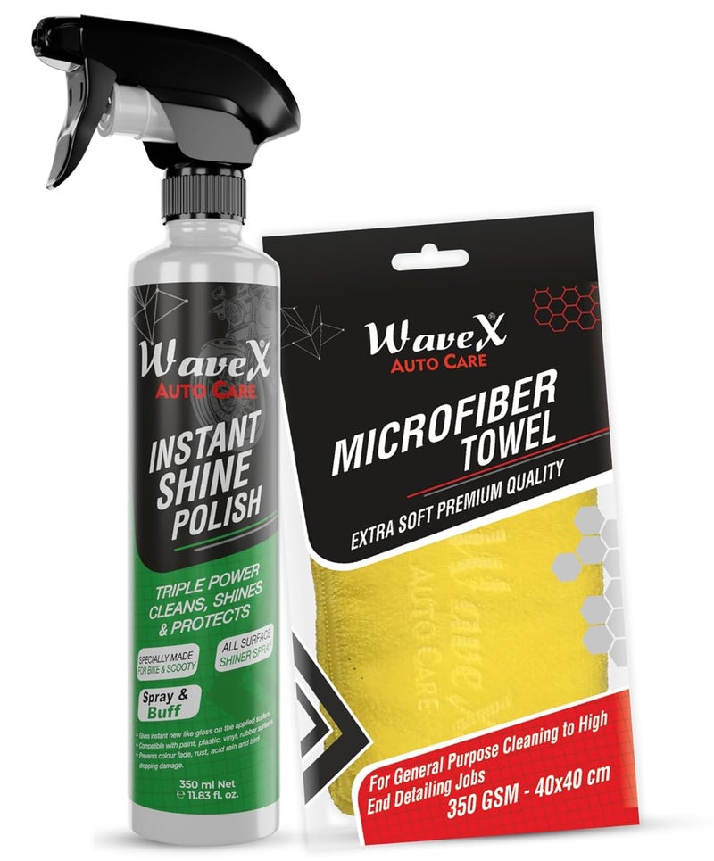 Wavex Instant Shine Bike Polish 350ml with Microfiber Cloth | All in One Bike Polish for Restoring Showroom Look of Bikes & Scooters - Image 1