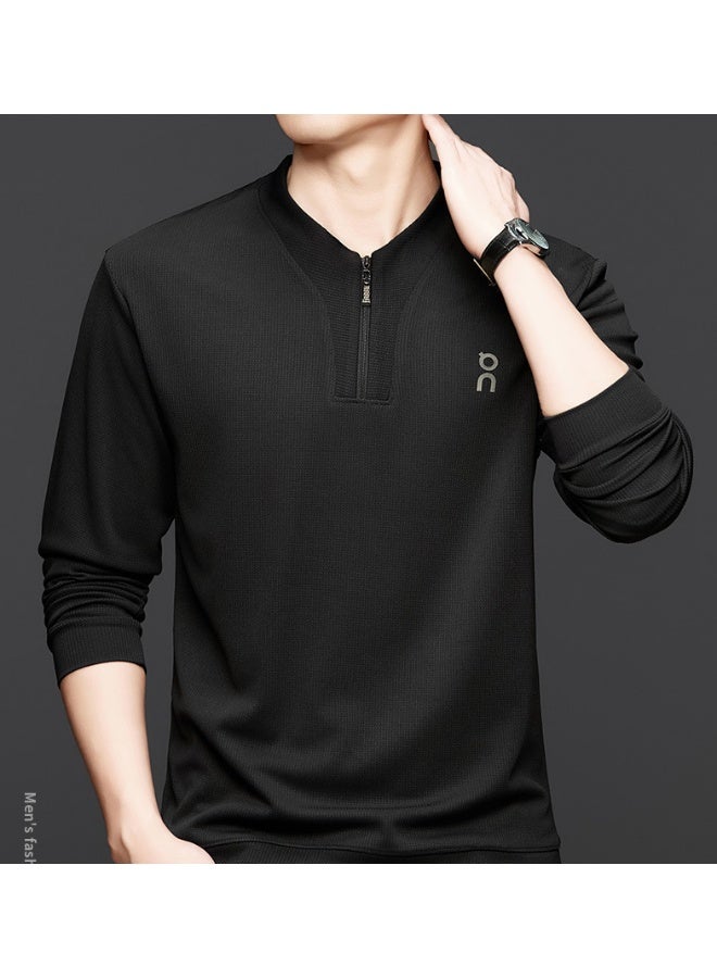 ON Half-zip Crew Neck Top, Fashionable Casual Versatile Long-sleeved Top (Black) - Image 2