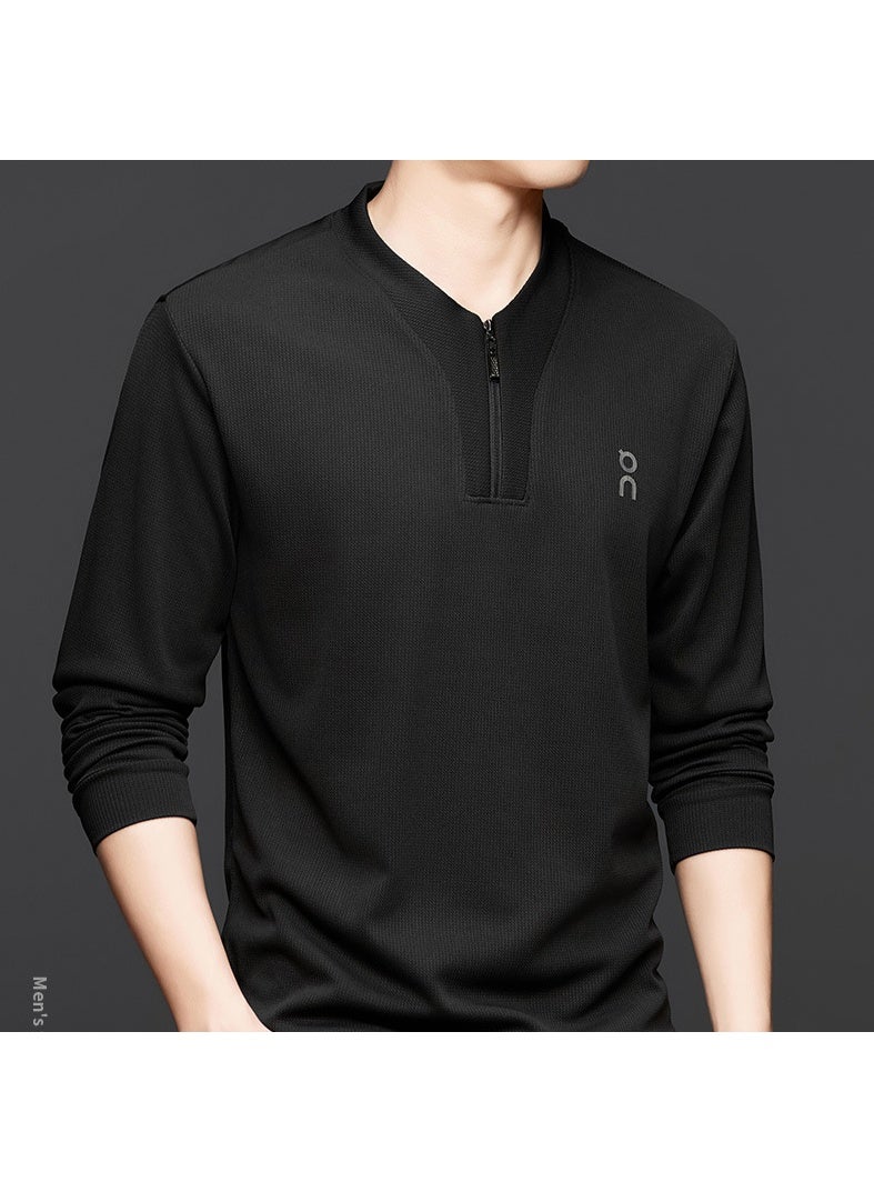 ON Half-zip Crew Neck Top, Fashionable Casual Versatile Long-sleeved Top (Black) - Image 1