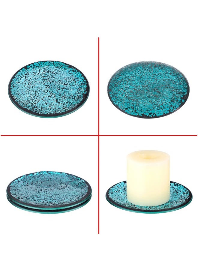 OwnMy 2PCS Mosaic Glass Candle Plates 6 Inch Pillar Candle Holders Plates, Glass Round Candle Plates and Trays Glass Mosaic Candle Coasters Decorative Glass Pillar Candle Stands Candle Bases, Blue - Image 4