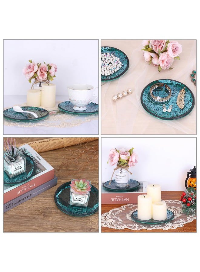 OwnMy 2PCS Mosaic Glass Candle Plates 6 Inch Pillar Candle Holders Plates, Glass Round Candle Plates and Trays Glass Mosaic Candle Coasters Decorative Glass Pillar Candle Stands Candle Bases, Blue - Image 5