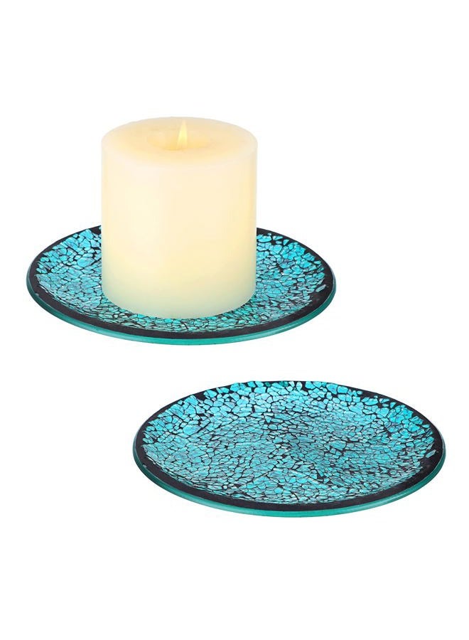 OwnMy 2PCS Mosaic Glass Candle Plates 6 Inch Pillar Candle Holders Plates, Glass Round Candle Plates and Trays Glass Mosaic Candle Coasters Decorative Glass Pillar Candle Stands Candle Bases, Blue - Image 1