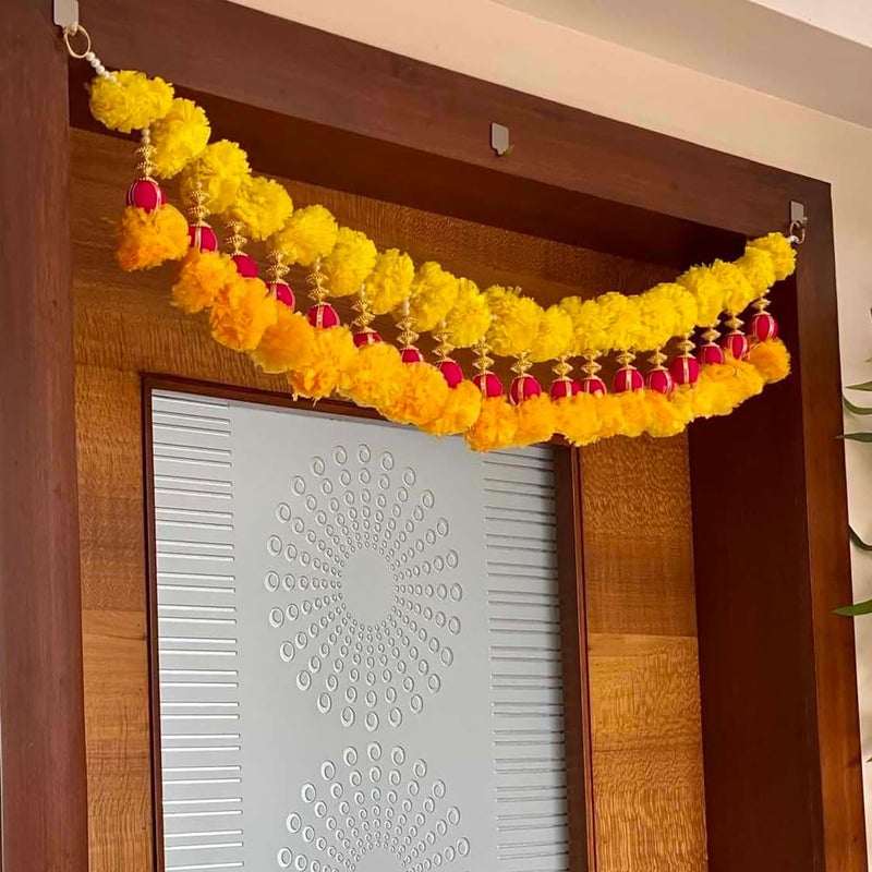 Kaameri Bazaar خيوط يدوية من خرز بلاستيكي بلون الماريغولد الوردي والبرتقالي، زينة تقليدية لتعليق الأبواب، بندروال توران لتزيين ديوالي، بندروال تقليدي، توران لمدخل الباب، 48 بوصة - Image 1