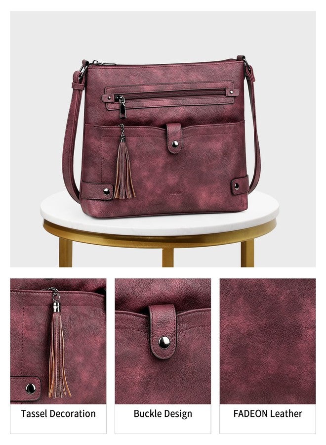 FADEON Large Crossbody Purses for Women Crossbody Bag, Designer Leather Cross Body Purses Multi Pocket Shoulder Bag, Wine Red Retro Style, 12 (L) * 2.25 (W) * 10 (H) inches - Image 5