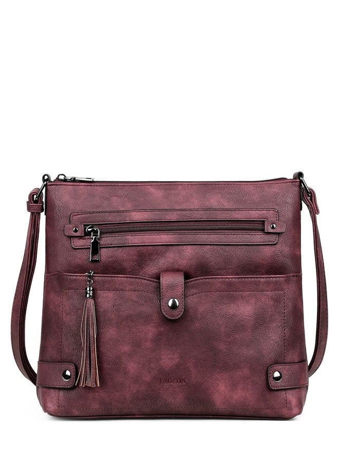 FADEON Large Crossbody Purses for Women Crossbody Bag, Designer Leather Cross Body Purses Multi Pocket Shoulder Bag, Wine Red Retro Style, 12 (L) * 2.25 (W) * 10 (H) inches - Image 1
