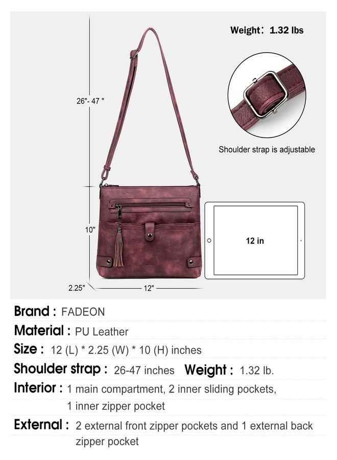 FADEON Large Crossbody Purses for Women Crossbody Bag, Designer Leather Cross Body Purses Multi Pocket Shoulder Bag, Wine Red Retro Style, 12 (L) * 2.25 (W) * 10 (H) inches - Image 4