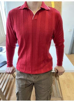 Cool Tarz Cool Style Red Men's Thick Striped Polo Collar Knitwear T-Shirt  - Image 1