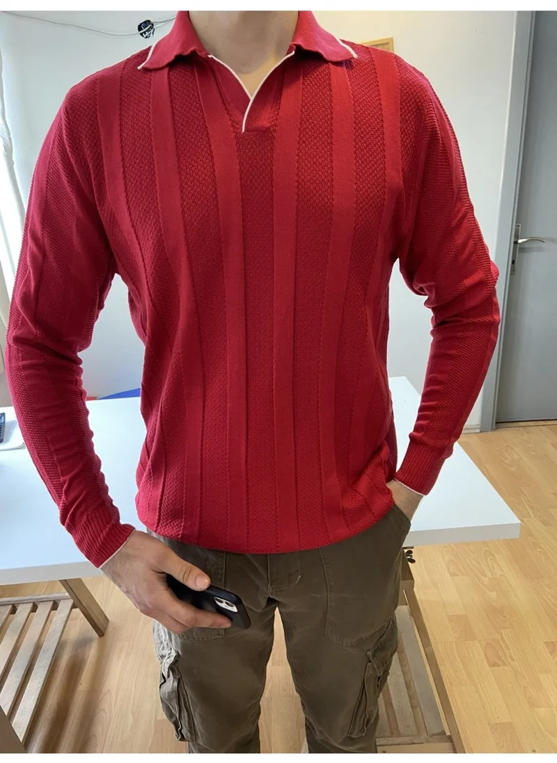 Cool Tarz Cool Style Red Men's Thick Striped Polo Collar Knitwear T-Shirt