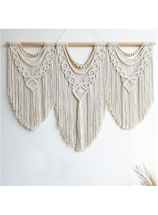 The Bros حامل حائط ماكرامي كبير 43"×32" فن الجدران بوهيمي - تزيين منزلي يدوي منسوج أنيق لغرفة النوم وغرفة المعيشة وشقة حفلات الزفاف (خرز خشبي) - Image 1