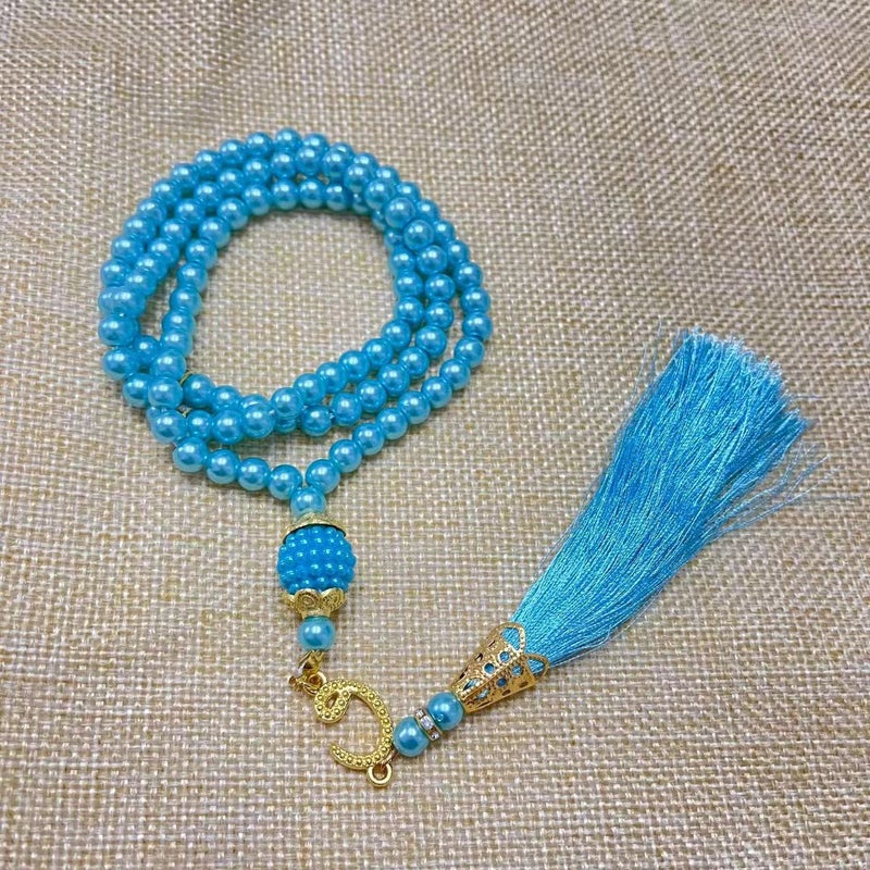 99 Beads Glass Faux Pearl TASBIH Prayer Accessory Lake Blue 