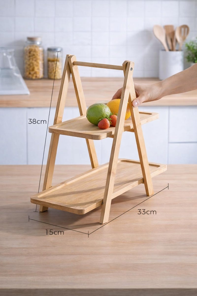 Curated Cart Wooden 2 Tier Serving Tray Stand for Food & Decor - Rectangular Farmhouse Tiered Platters for Cupcakes, Snacks, Charcuterie, Parties & Kitchen Display - Bamboo Look - Image 2