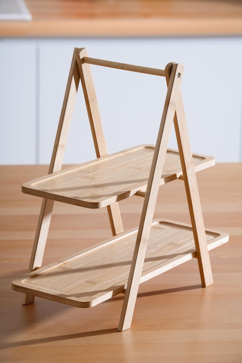 Curated Cart Wooden 2 Tier Serving Tray Stand for Food & Decor - Rectangular Farmhouse Tiered Platters for Cupcakes, Snacks, Charcuterie, Parties & Kitchen Display - Bamboo Look - Image 1
