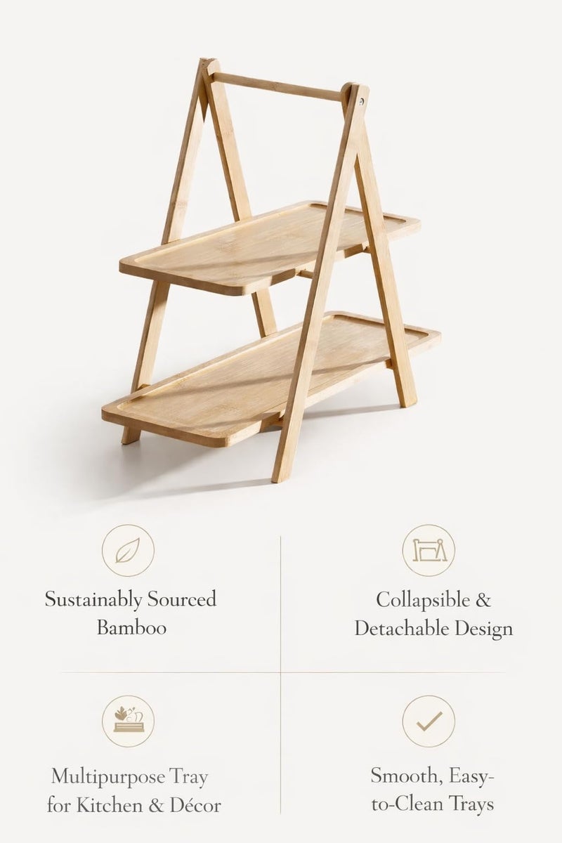 Curated Cart Wooden 2 Tier Serving Tray Stand for Food & Decor - Rectangular Farmhouse Tiered Platters for Cupcakes, Snacks, Charcuterie, Parties & Kitchen Display - Bamboo Look - Image 4
