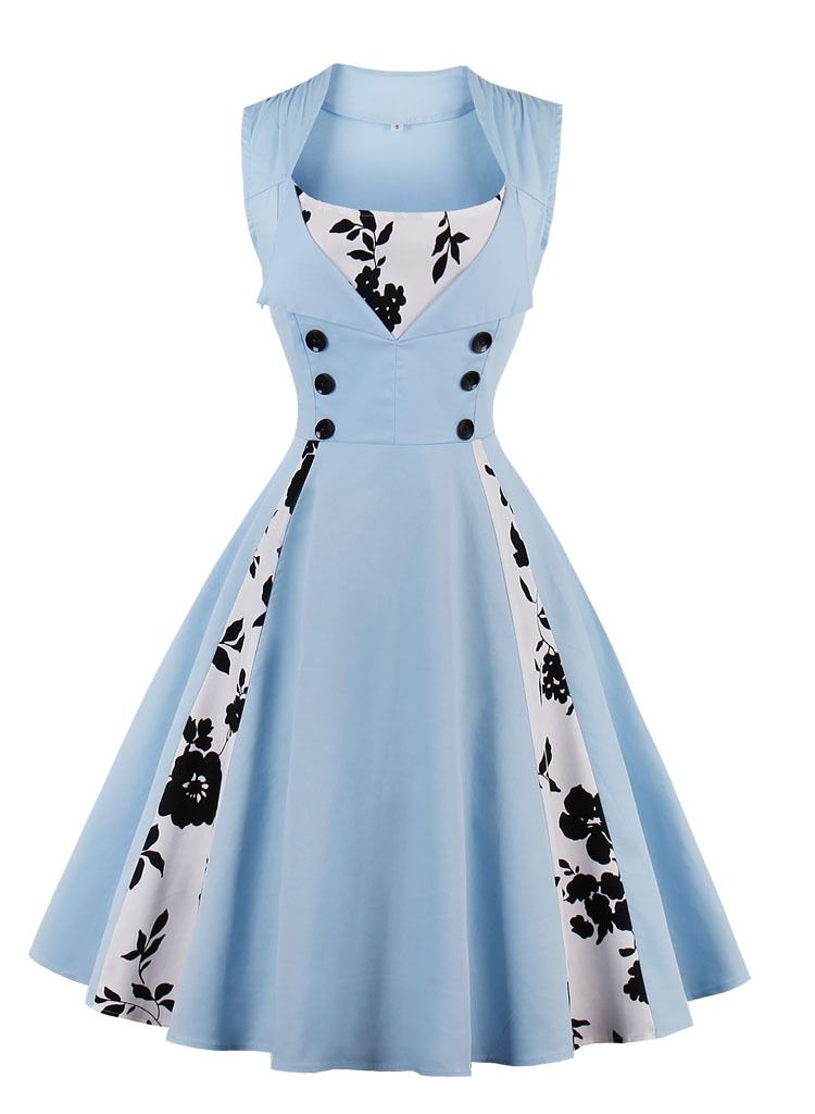 Loquat Patchwork color retro dress light blue  - Image 1