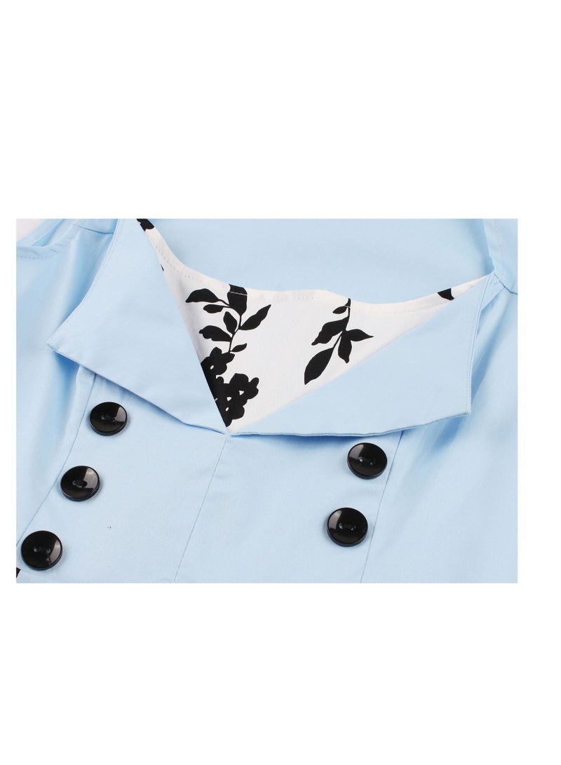 Loquat Patchwork color retro dress light blue  - Image 3