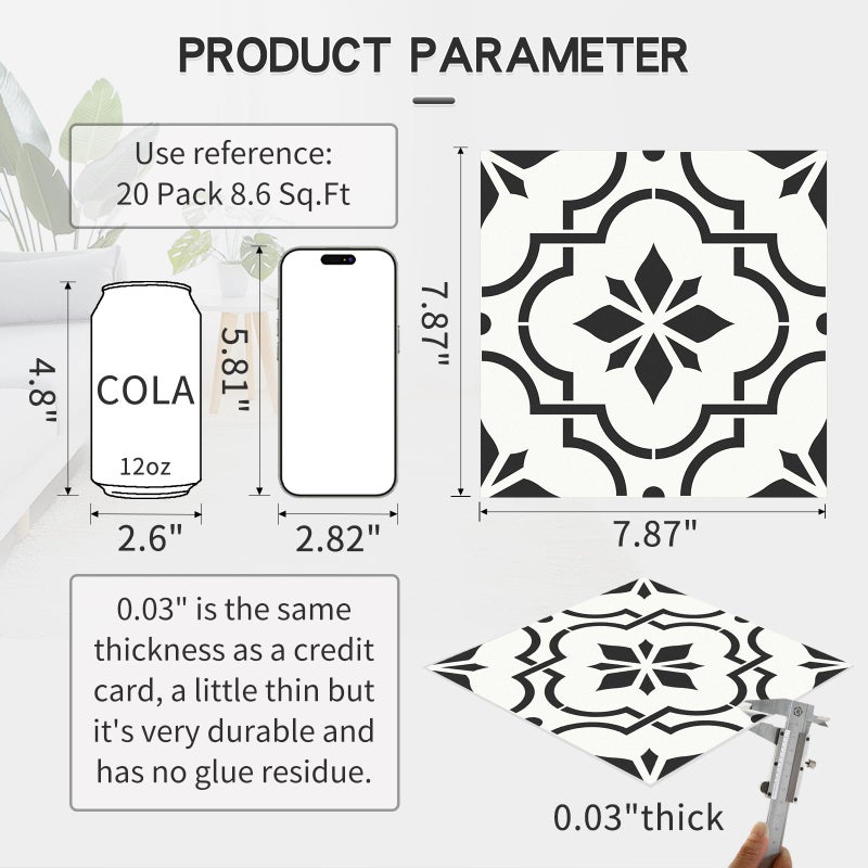 MORCART 7.87" x 7.87" Peel and Stick Floor Tile, 20-Pack Self-Adhesive DIY Vinyl Flooring for Renters, Removable and Waterproof Tile Sticker for Bathroom, Kitchen, Staircase (Black) - Image 2