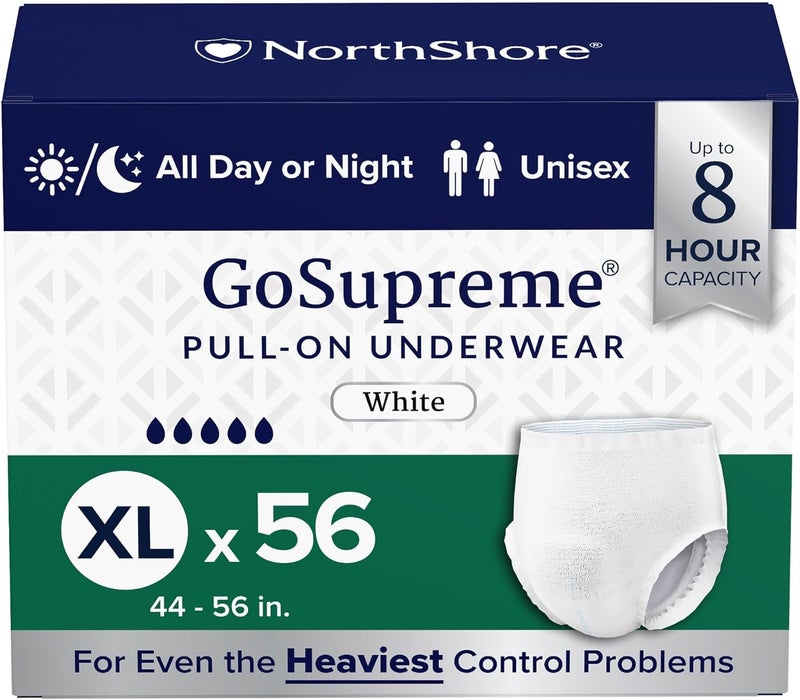 NorthShore GoSupreme Overnight Incontinence Underwear 8Hour Pullup Style XLarge 56 Count Case White 4456 inches Unisex Adult Diapers - Image 1