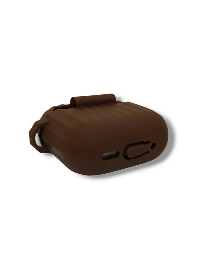 Stylish Wave Silicone Protective Case for AirPods 4 with Carabiner - Brown - Image 3