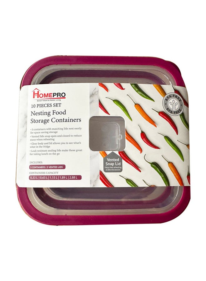 Home Pro 5pcs Set Square Food Container 0.33L | 0.63L | 1.15L | 1.89L | 2.88L | Red