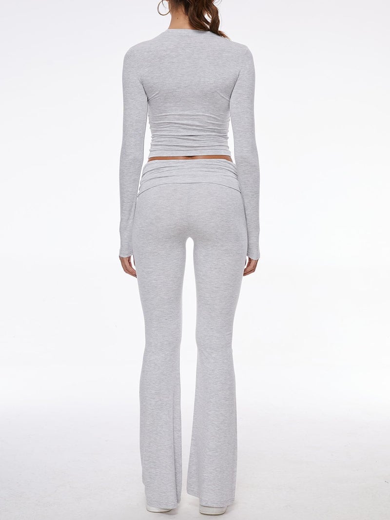 AnotherChill Women's 2 Piece Lounge Sets Fold-over Flare Pants Set Long Sleeve Cropped Top Casual Outfits Pajamas (Light-Gray, Medium) - Image 3