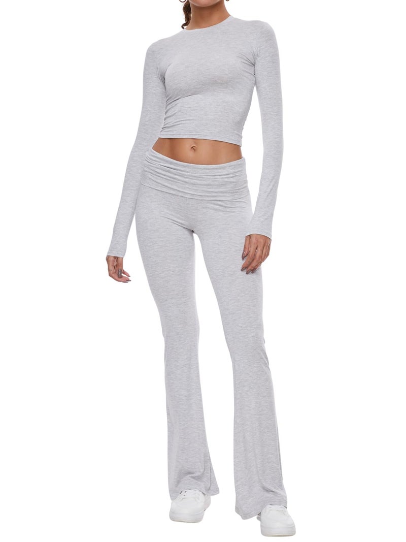 AnotherChill Women's 2 Piece Lounge Sets Fold-over Flare Pants Set Long Sleeve Cropped Top Casual Outfits Pajamas (Light-Gray, Medium) - Image 1