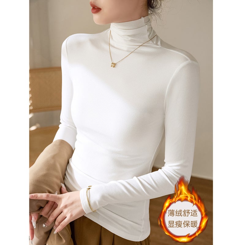 High Elastic Threaded Cotton Turtleneck Bottoming Shirt Women's Long-Sleeved T-Shirt 2025 Autumn and Winter Wear with Slim Fit Right Shoulder Top - Image 1