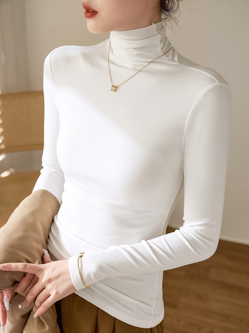 High Elastic Threaded Cotton Turtleneck Bottoming Shirt Women's Long-Sleeved T-Shirt 2025 Autumn and Winter Wear with Slim Fit Right Shoulder Top - Image 3