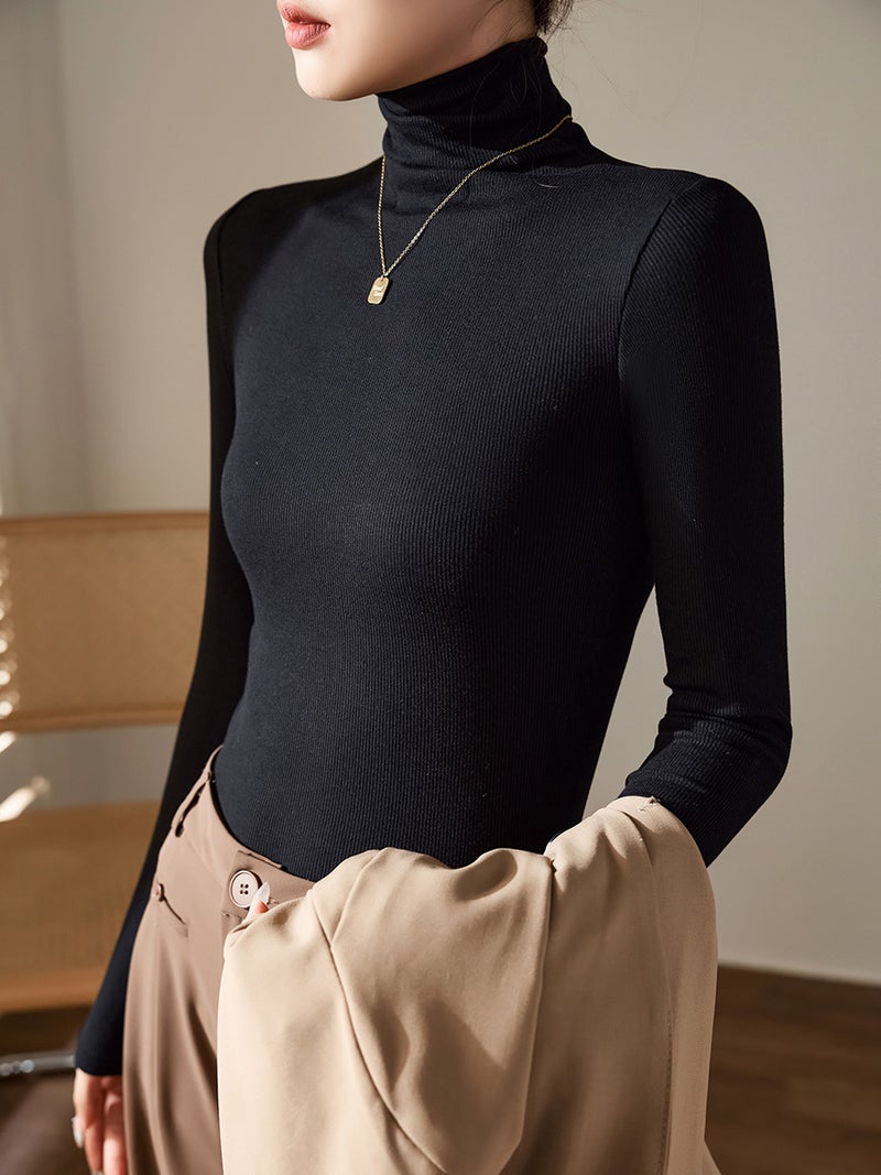 High Elastic Threaded Cotton Turtleneck Bottoming Shirt Women's Long-Sleeved T-Shirt 2025 Autumn and Winter Wear with Slim Fit Right Shoulder Top - Image 5