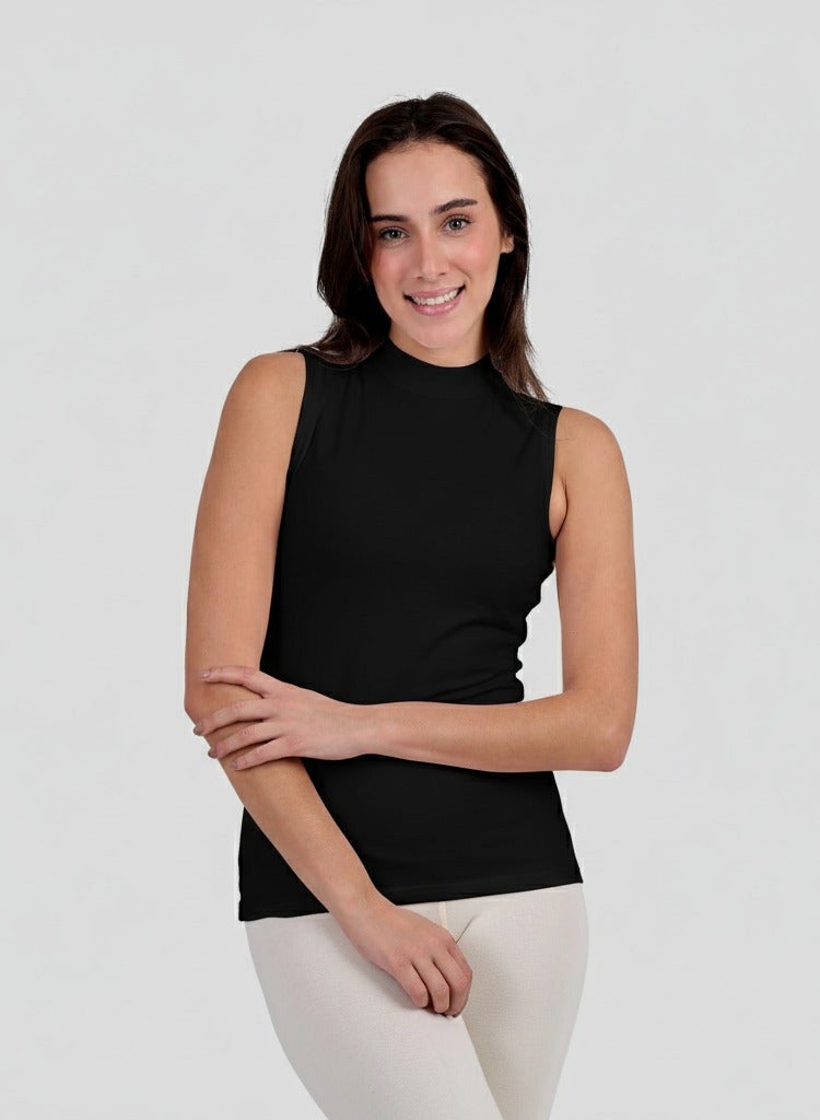 Dice Women's Sleeveless High Neck Top, Cotton Lycra, Casual Fitted Style - Black - Image 1