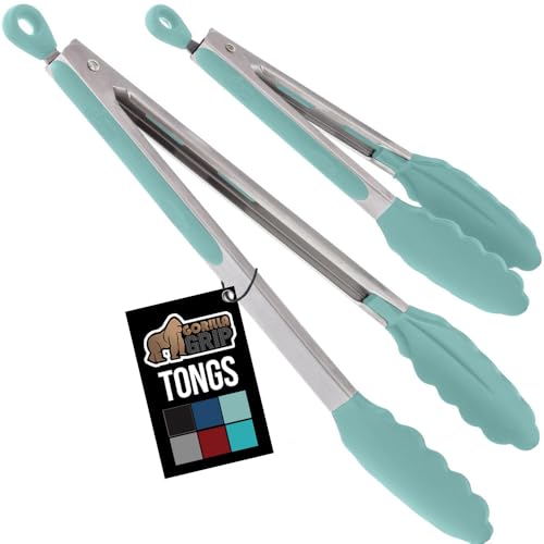 GORILLA GRIP Stainless Steel Heat Resistant Kitchen Tongs for Cooking Set of 2 BBQ Tong Non Scratch Silicone Tip for Pans Strong Grip Grab Food Toss Salad Air Fryer Pull Lock 7 9 Inch Mint - Image 1