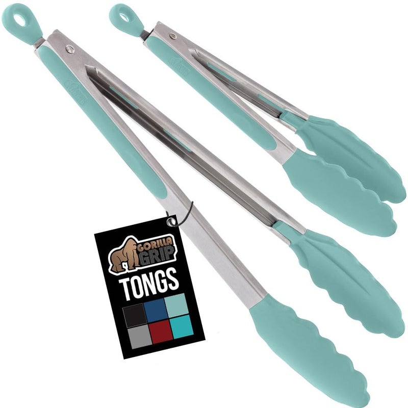 GORILLA GRIP Stainless Steel Heat Resistant Kitchen Tongs for Cooking Set of 2 BBQ Tong Non Scratch Silicone Tip for Pans Strong Grip Grab Food Toss Salad Air Fryer Pull Lock 7 9 Inch Mint - Image 2