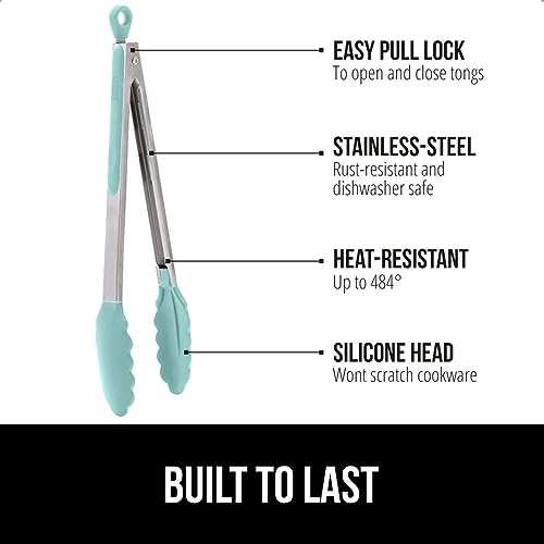 GORILLA GRIP Stainless Steel Heat Resistant Kitchen Tongs for Cooking Set of 2 BBQ Tong Non Scratch Silicone Tip for Pans Strong Grip Grab Food Toss Salad Air Fryer Pull Lock 7 9 Inch Mint - Image 3