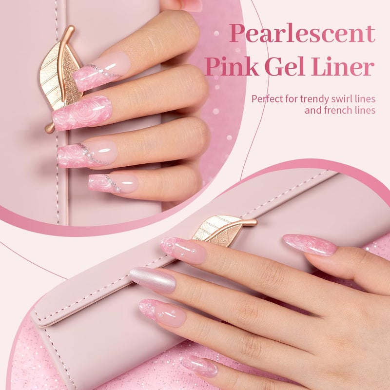 RARJSM Pearl Pink Nail Art Gel Liner Pearlescent Shell Glitter Swirl Effect Gel Nail Polish 8ml Build in Thin Brush Painted Drawing Striper Gelpolish Soak off Curing Requires for Home Salon Design - Image 3