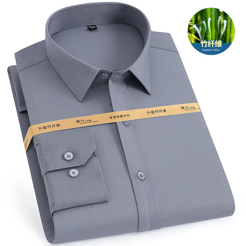 Bamboo Fiber Non-ironing Shirt Mens Long-sleeved Elastic Anti-wrinkle Professional Work Clothes Solid Color Slim-fit Business Shirt Grey 