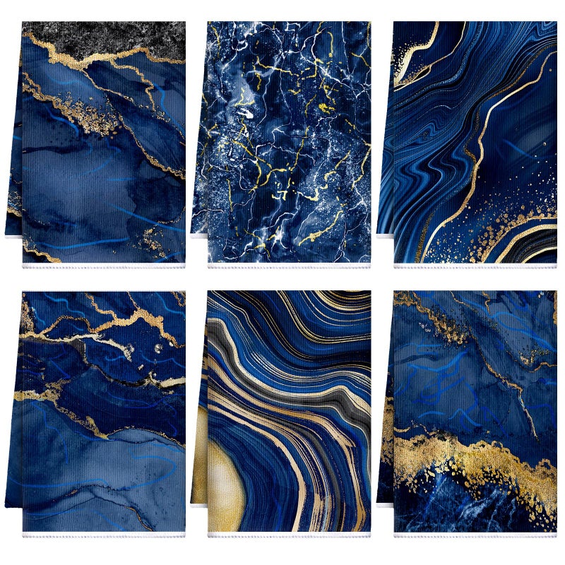 Boyiee Set Of 6 Marble Kitchen Towels Blue Gold Hand Modern Absorbent Soft Decorative Dish Tea Towels 24 X 16 Inches Kitchen Gifts For Farmhouse Bathroom Decorations - Image 1