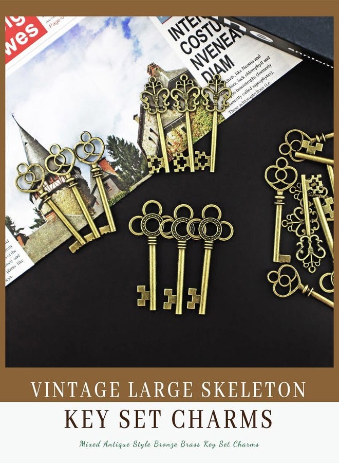 JIALEEY 3 Type of 30 PCS Vintage Large Skeleton Key Set Charms, Mixed Antique Style Bronze Brass Key Set Charms for Pendant DIY Jewelry Making Wedding Party Favors - Image 3