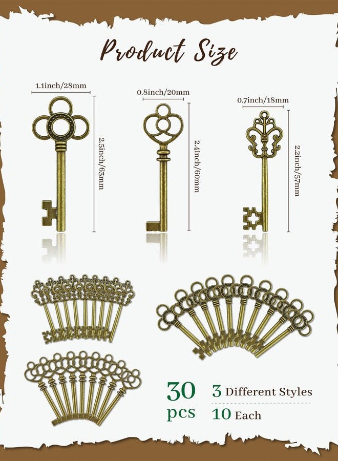 JIALEEY 3 Type of 30 PCS Vintage Large Skeleton Key Set Charms, Mixed Antique Style Bronze Brass Key Set Charms for Pendant DIY Jewelry Making Wedding Party Favors - Image 2